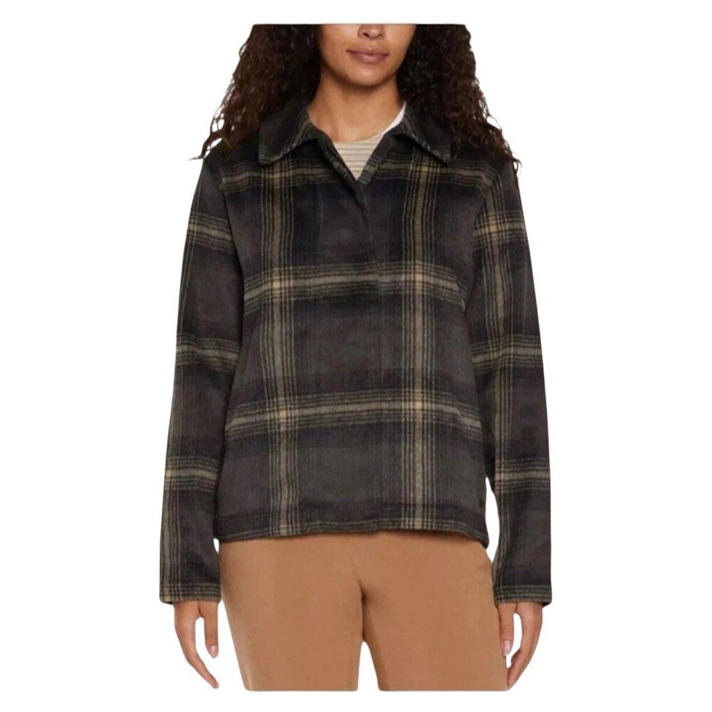 Banana Republic Indira Plaid Gray Black Tan Snap Front Jacket Shacket L Flannel